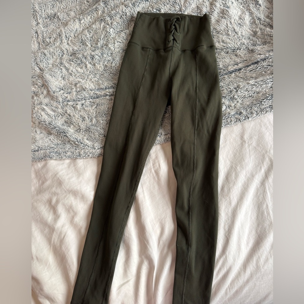 High-Waist Olive Green Ribbed Women's Pants